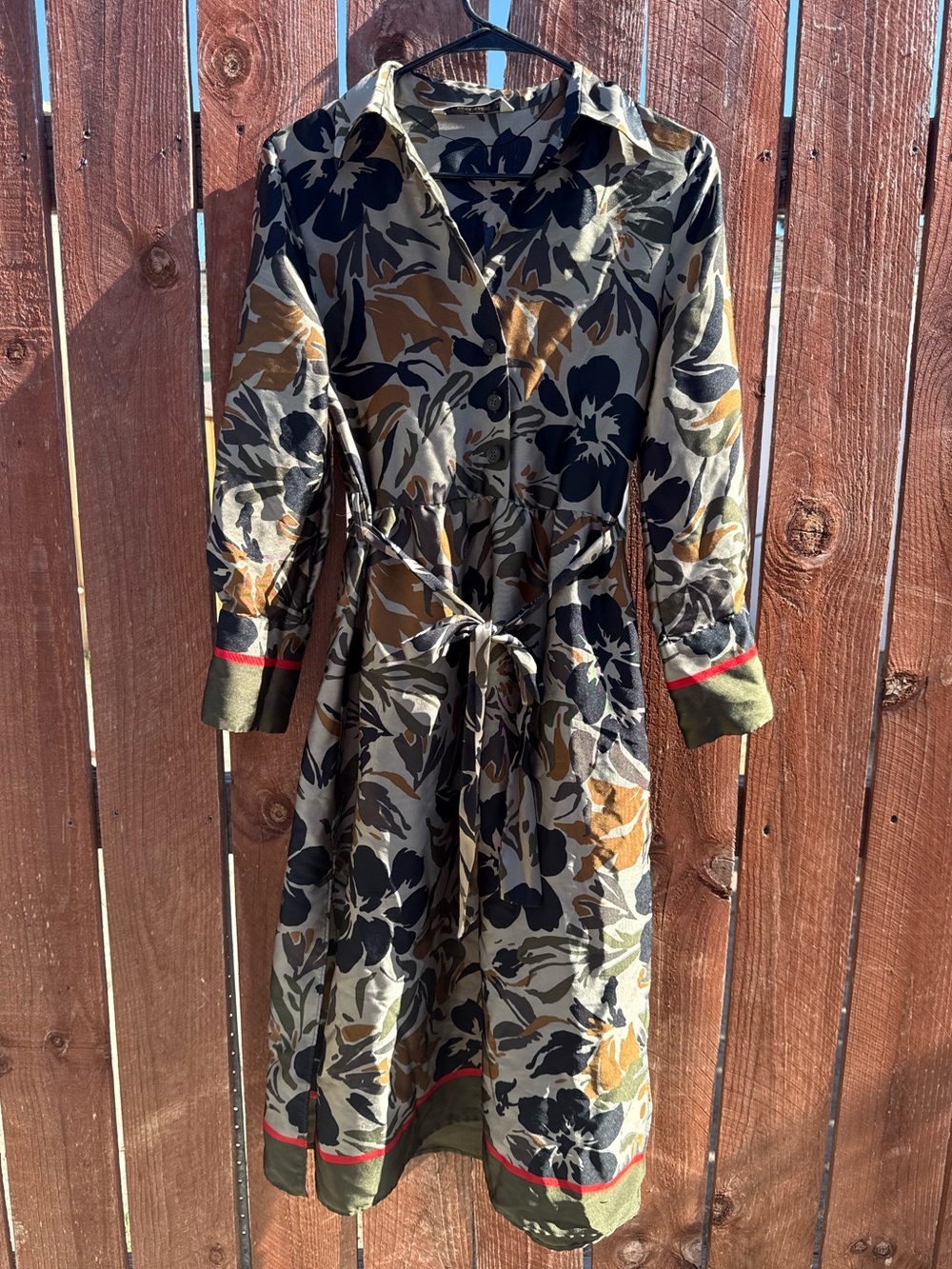 Zara Tropical Floral Business Dress Olive Green & Black Belted Size Small